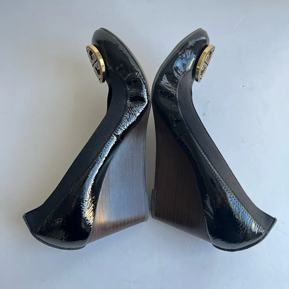 Tory Burch Caroline Black Patent Leather Wedges Size 9 Medium